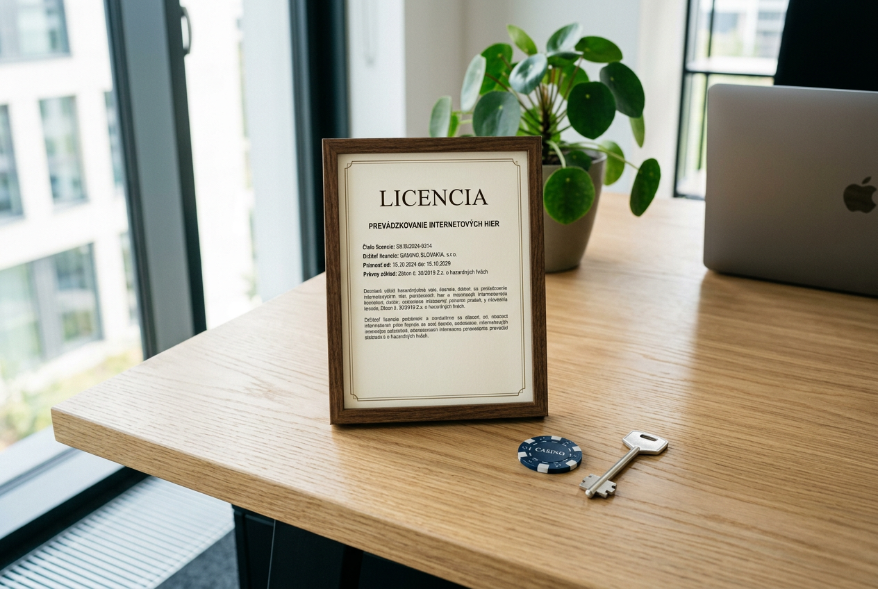 Oficiálny dokument s nápisom Licencia na modernom stole, symbolizujúci bezpečnosť a legálne slovenské kasína.