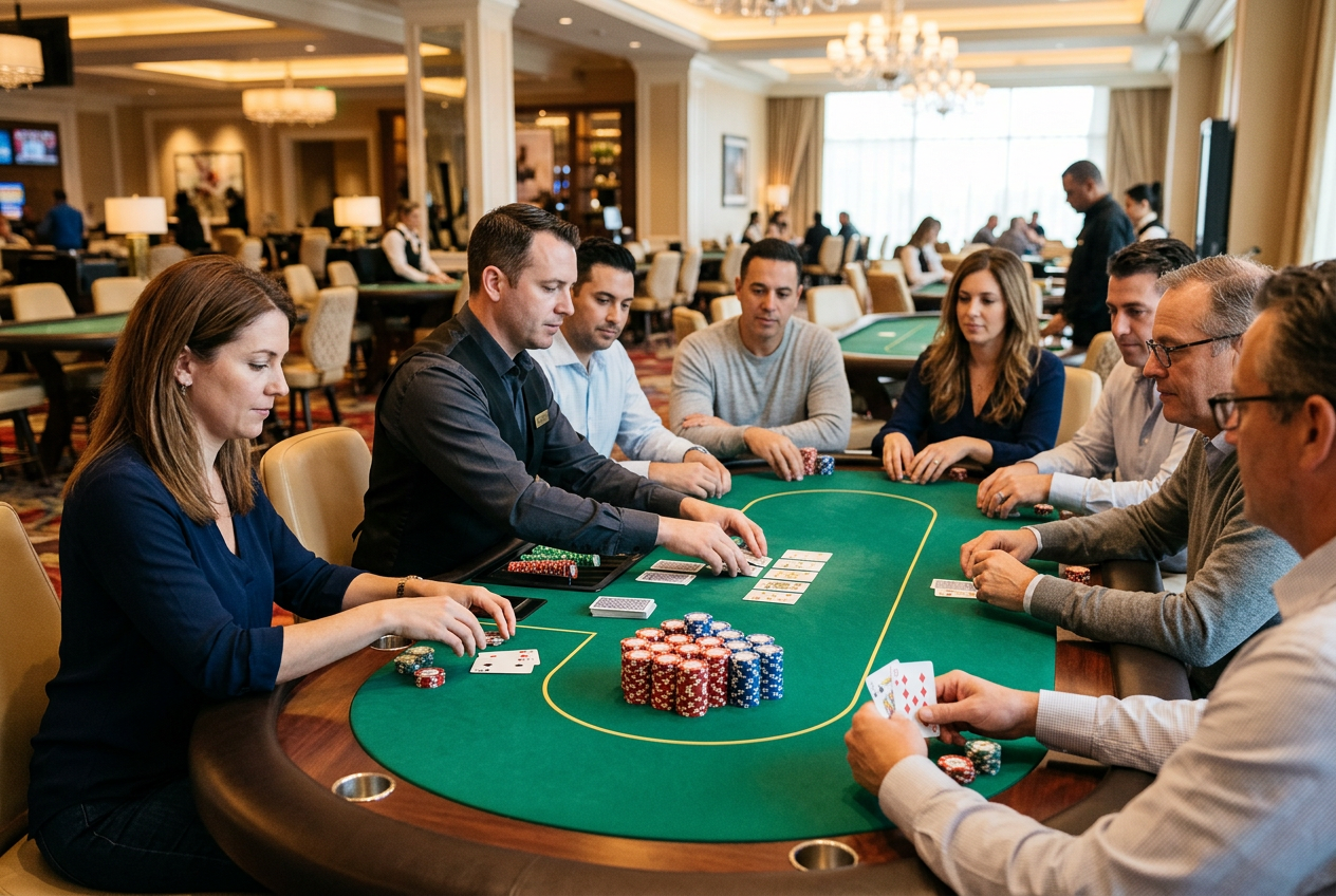 Moderná a svetlá pokerová herňa s elegantným vybavením a žetónmi